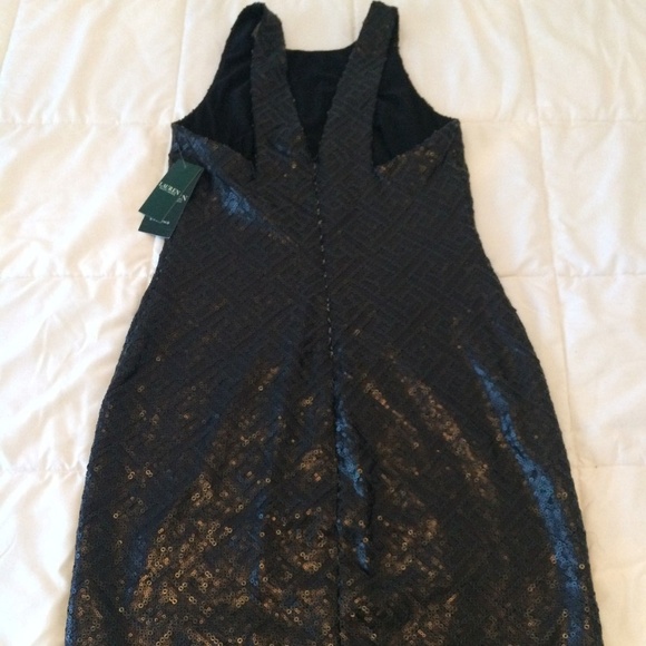 Ralph Lauren Sequin Geometric Sheath Dress V Back Black Midi, Size 8, NEW - Picture 6 of 9